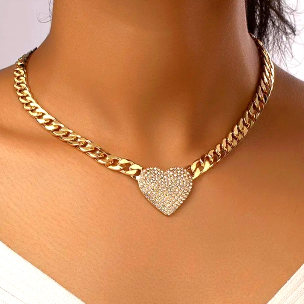 Chunky 18K Gold Plated Necklace Rhinestone Heart New Luxury Necklace Trendy